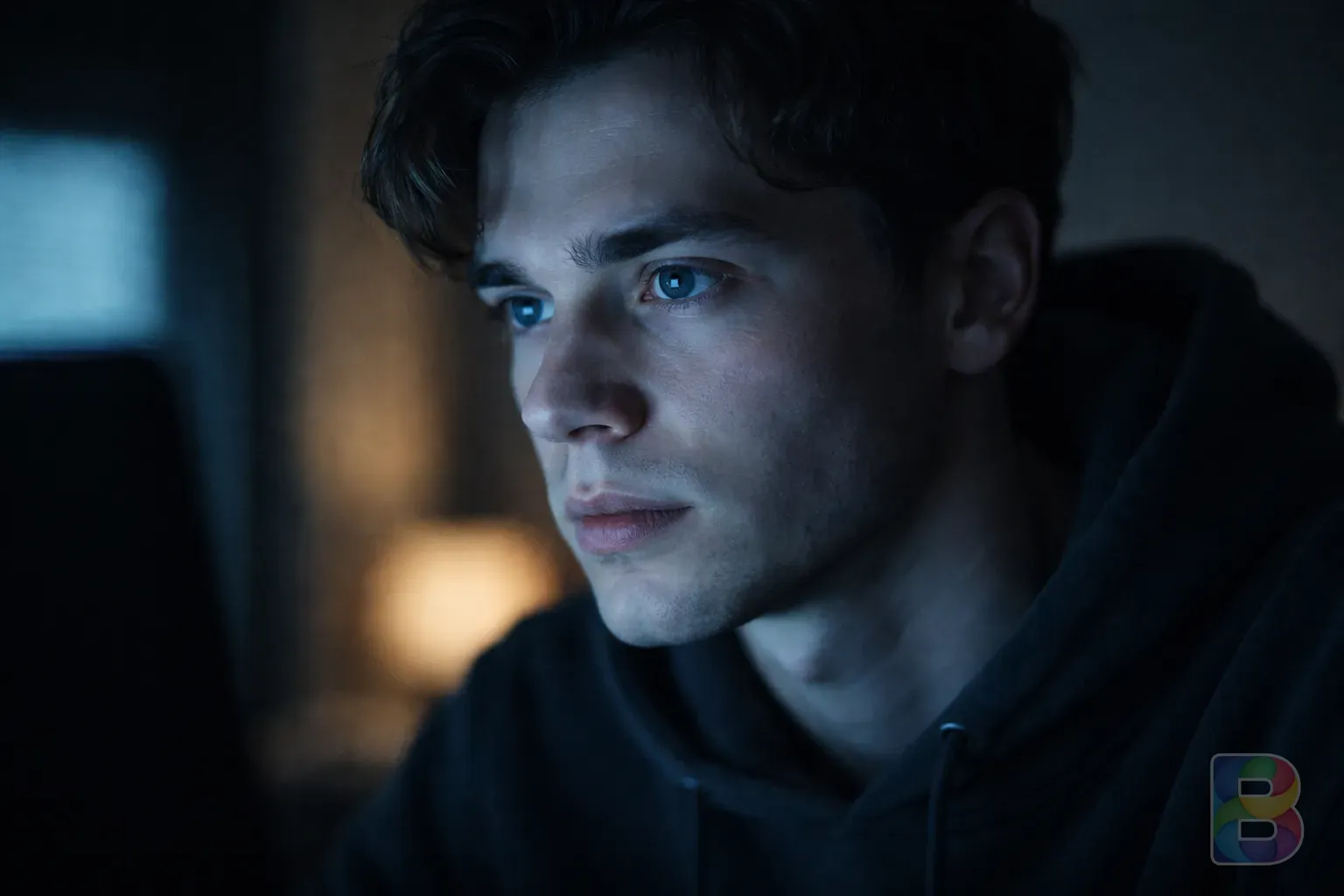 photorealistic, a young person in their 20s looking at a digital screen in a dark room, blue light reflecting on their face, high detail, cinematic lighting