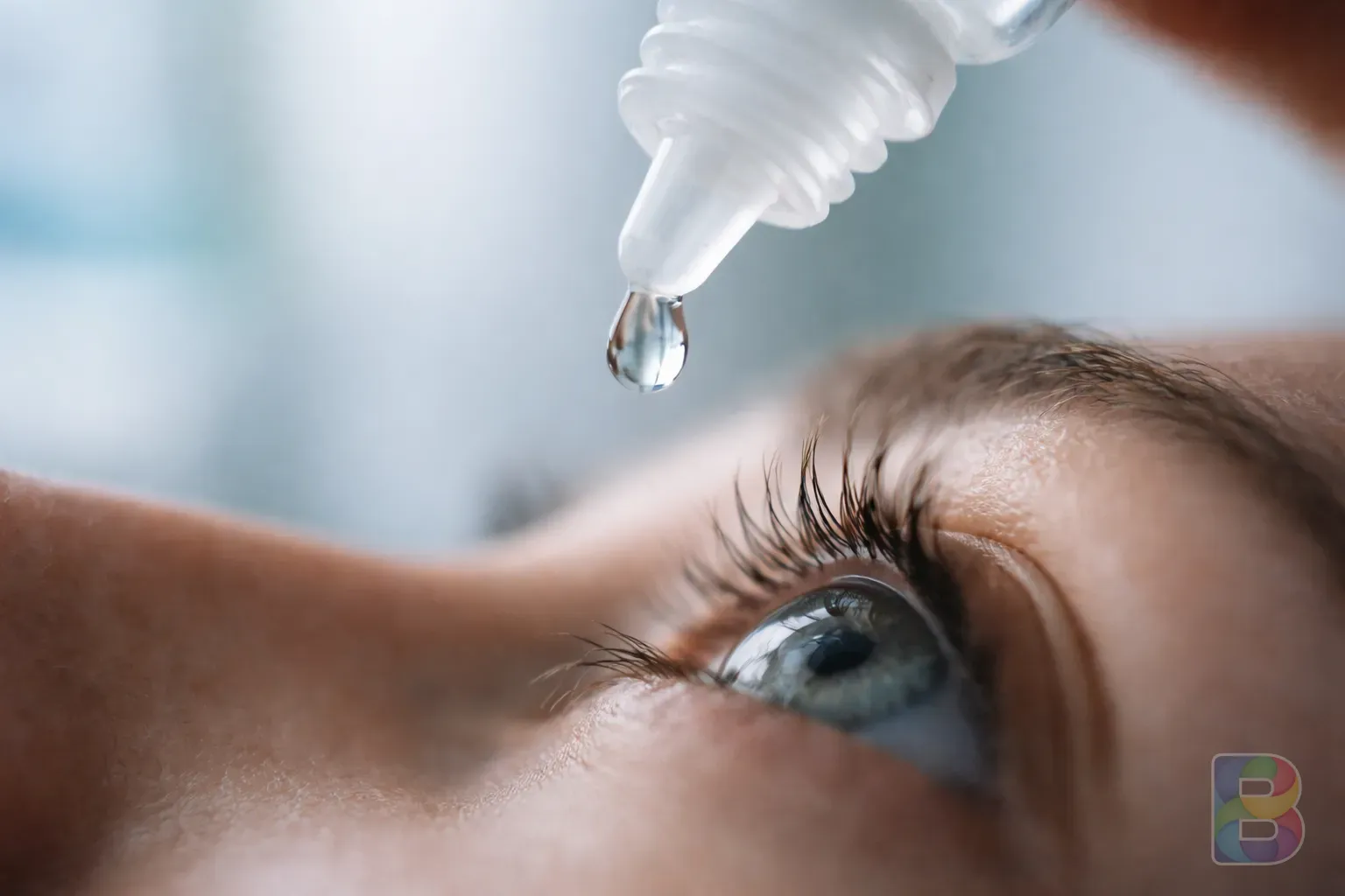 photorealistic, macro shot of an eye drop bottle being held above an eye, soft natural light, clean clinical environment, focus on the drop