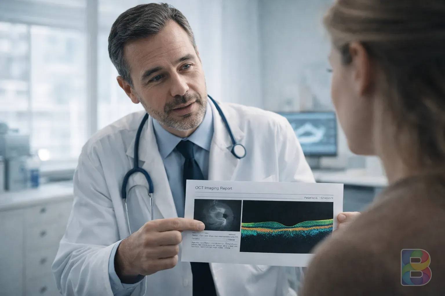 photorealistic, doctor holding an OCT scan of an eye, explaining the results to a patient, bright clinic interior, professional and reassuring
