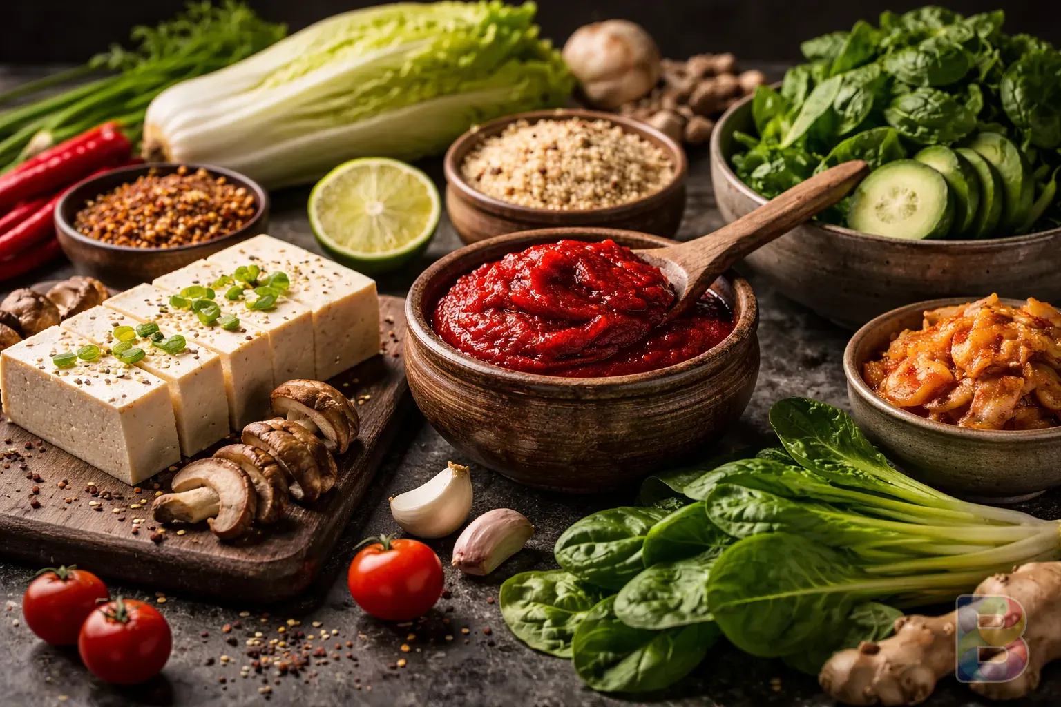 photorealistic, a variety of healthy ingredients like gochujang, fresh vegetables, and tofu on a dark stone table, vibrant colors, cinematic lighting, food photography