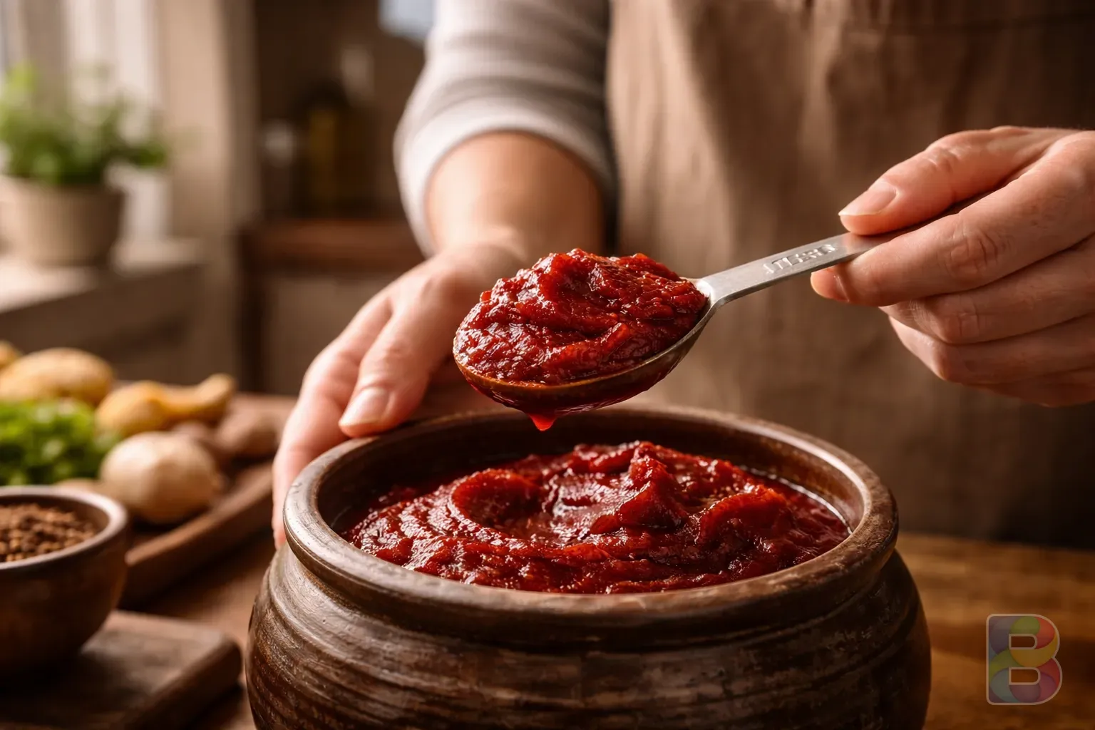 photorealistic, person carefully measuring a spoonful of gochujang, soft kitchen light, focus on the texture of the paste, clean and warm atmosphere
