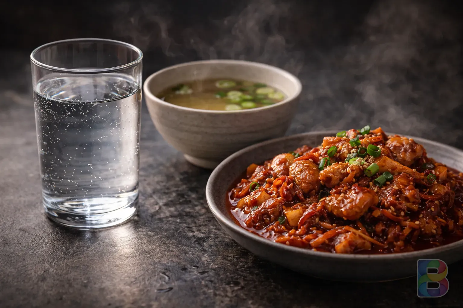 photorealistic, a glass of water and a bowl of fresh clear soup next to a spicy dish, symbolizing balance and safety, cinematic lighting, high contrast