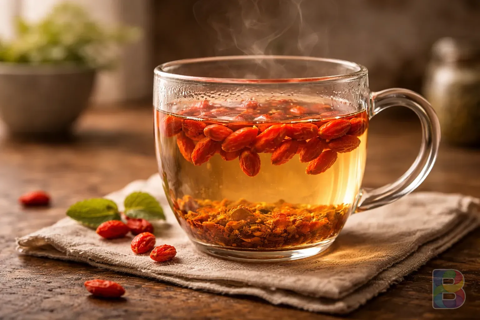 photorealistic, close-up of a steaming glass of goji berry tea, vivid red berries floating, soft bokeh background, elegant and calming atmosphere