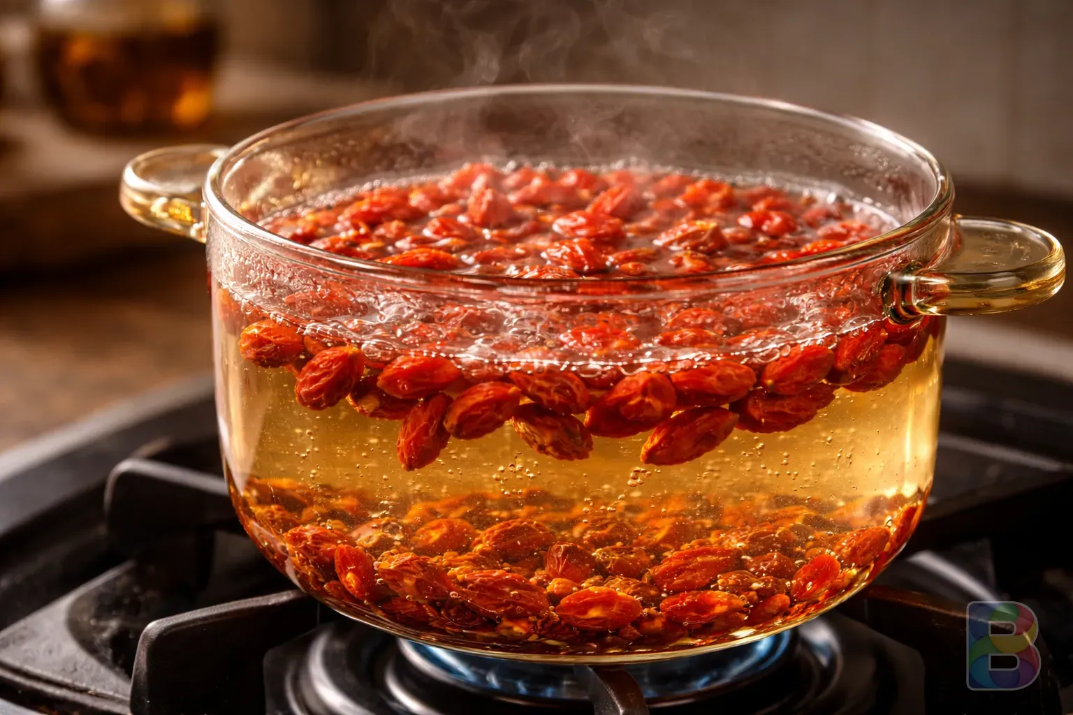 photorealistic, dried goji berries being simmered in a glass pot on a stove, bubbles rising, warm kitchen light, cozy atmosphere