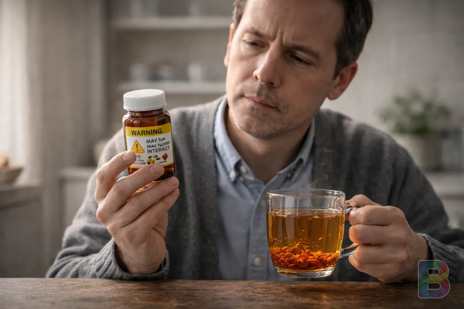 photorealistic, a person looking at a medicine bottle and a cup of tea with a thoughtful expression, clinical but homey background, soft focus