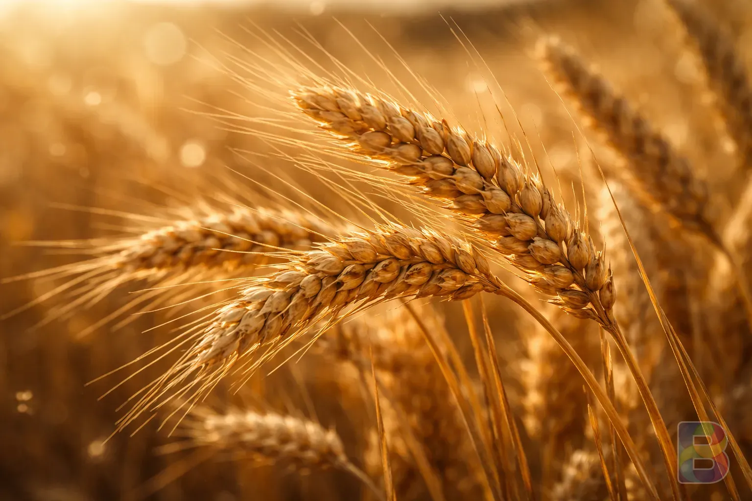 photorealistic, macro shot of ancient khorasan wheat (kamut) ears in a sun-drenched field, warm golden tones, high detail, shallow depth of field