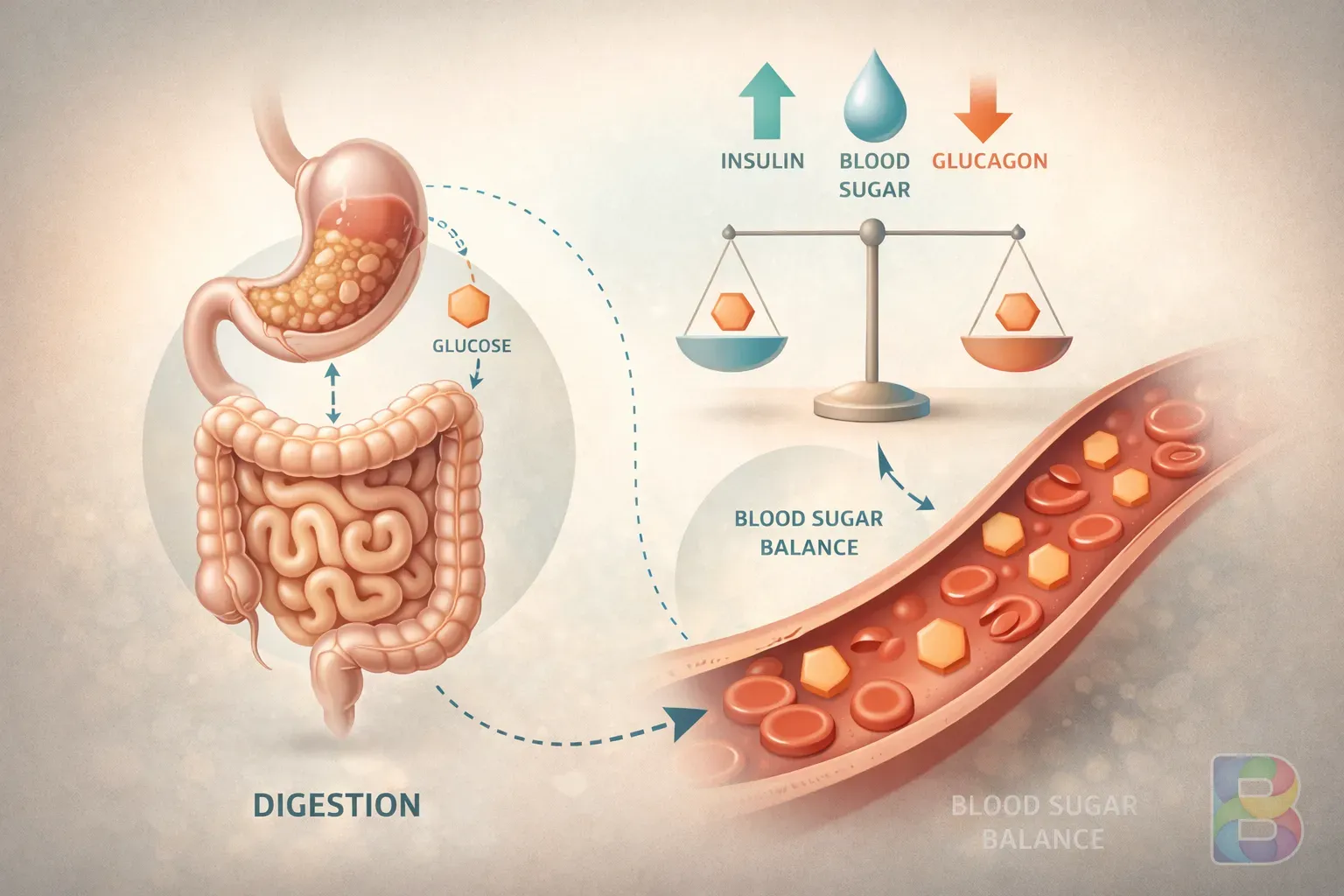 photorealistic, infographic style representation of digestion and blood sugar balance, clean medical aesthetic, soft colors, cinematic lighting
