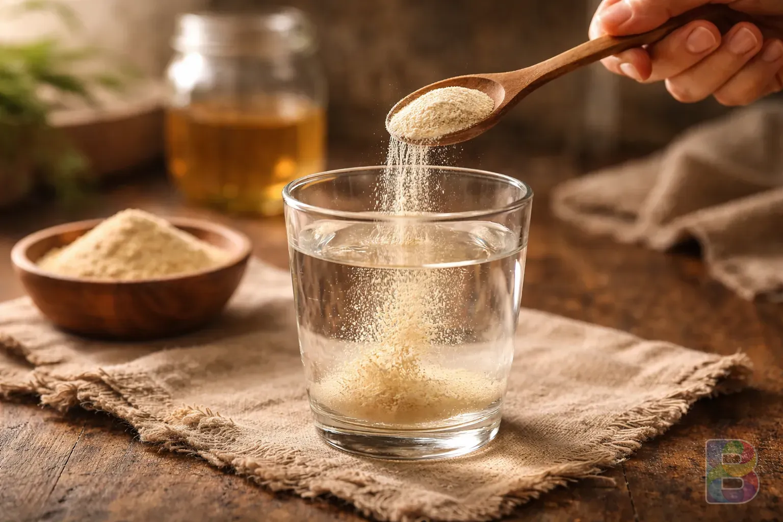 photorealistic, a person pouring enzyme powder into a glass of water, showing fine texture and nutty color, soft morning light, calm atmosphere