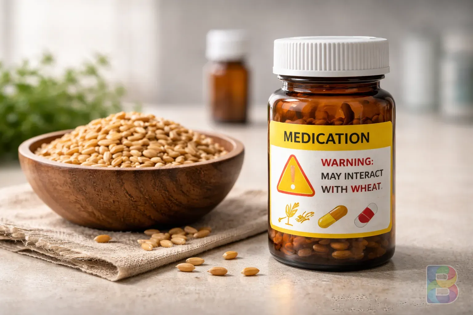photorealistic, a medicine bottle with a warning label next to a bowl of wheat grains, clinical lighting, neutral background, focus on safety