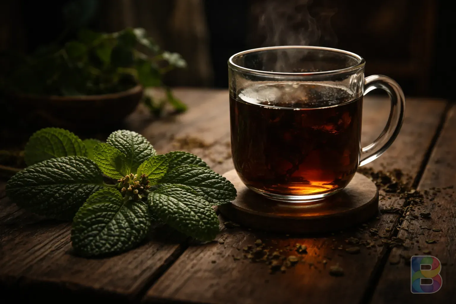 photorealistic, close-up of a rustic wooden table with a glass of dark herbal tea and fresh bumpy green leaves, soft natural lighting, moody atmosphere