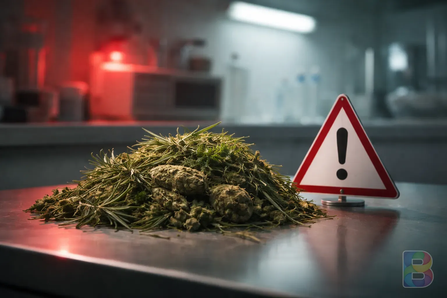 photorealistic, a warning sign next to a pile of herbs, clinical and clean background, soft red lighting for caution