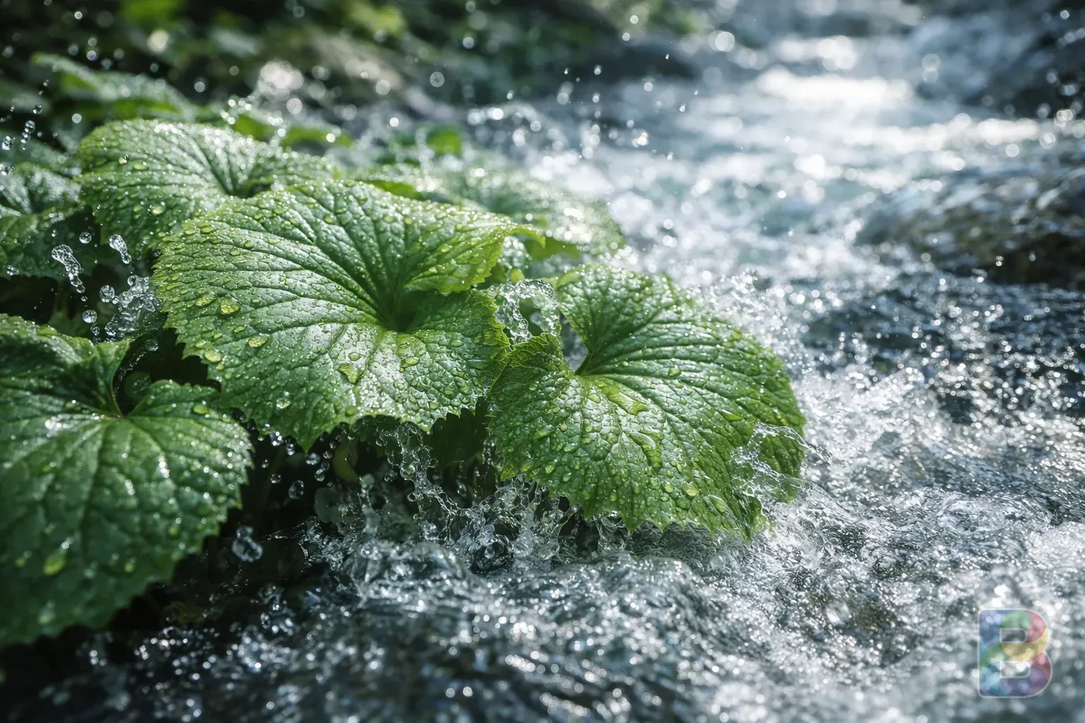 photorealistic, close-up of Gomchwi leaves being washed in clear running water, water droplets splashing, bright natural light, fresh and clean atmosphere