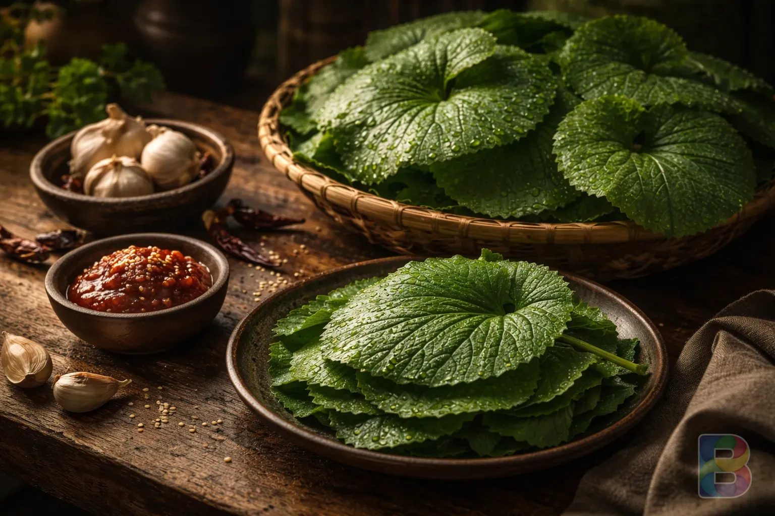 photorealistic, a wooden table with Gomchwi leaves, garlic, and red pepper paste, traditional Korean healthy food setting, soft warm lighting