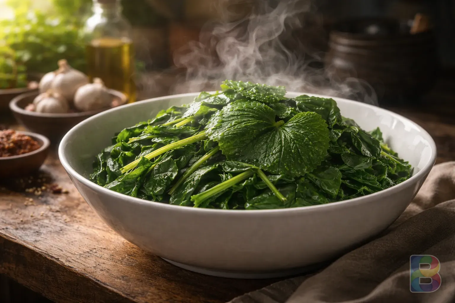 photorealistic, steam rising from blanched Gomchwi leaves in a white bowl, kitchen background, soft focus, morning light