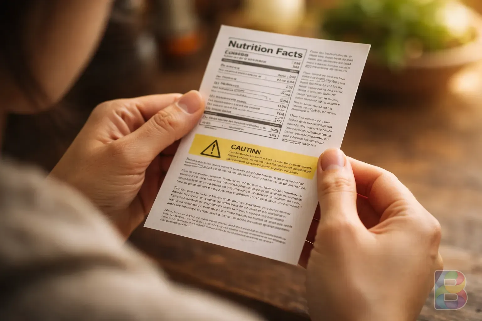 photorealistic, close-up of a person reading a nutrition label or a caution sign, warm lighting, blurred background, focus on hands and paper
