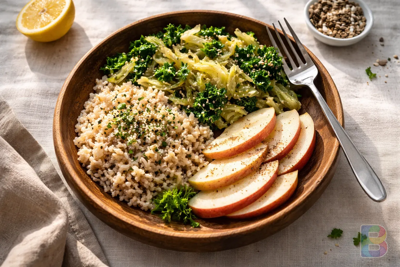 photorealistic, top-down view of a healthy wooden plate featuring brown rice, cabbage, and sliced apples, bright natural lighting, fresh and clean atmosphere