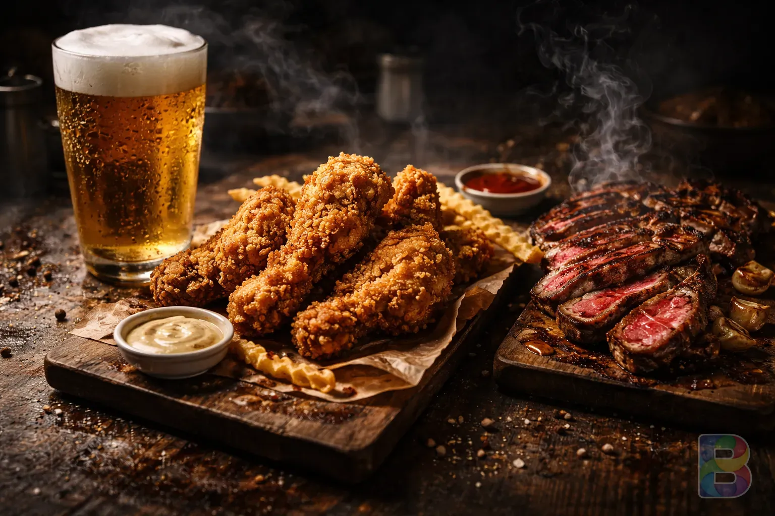 photorealistic, dark moody table with a glass of beer, fried chicken, and red meat, harsh lighting, smoke and grease textures, warning vibe
