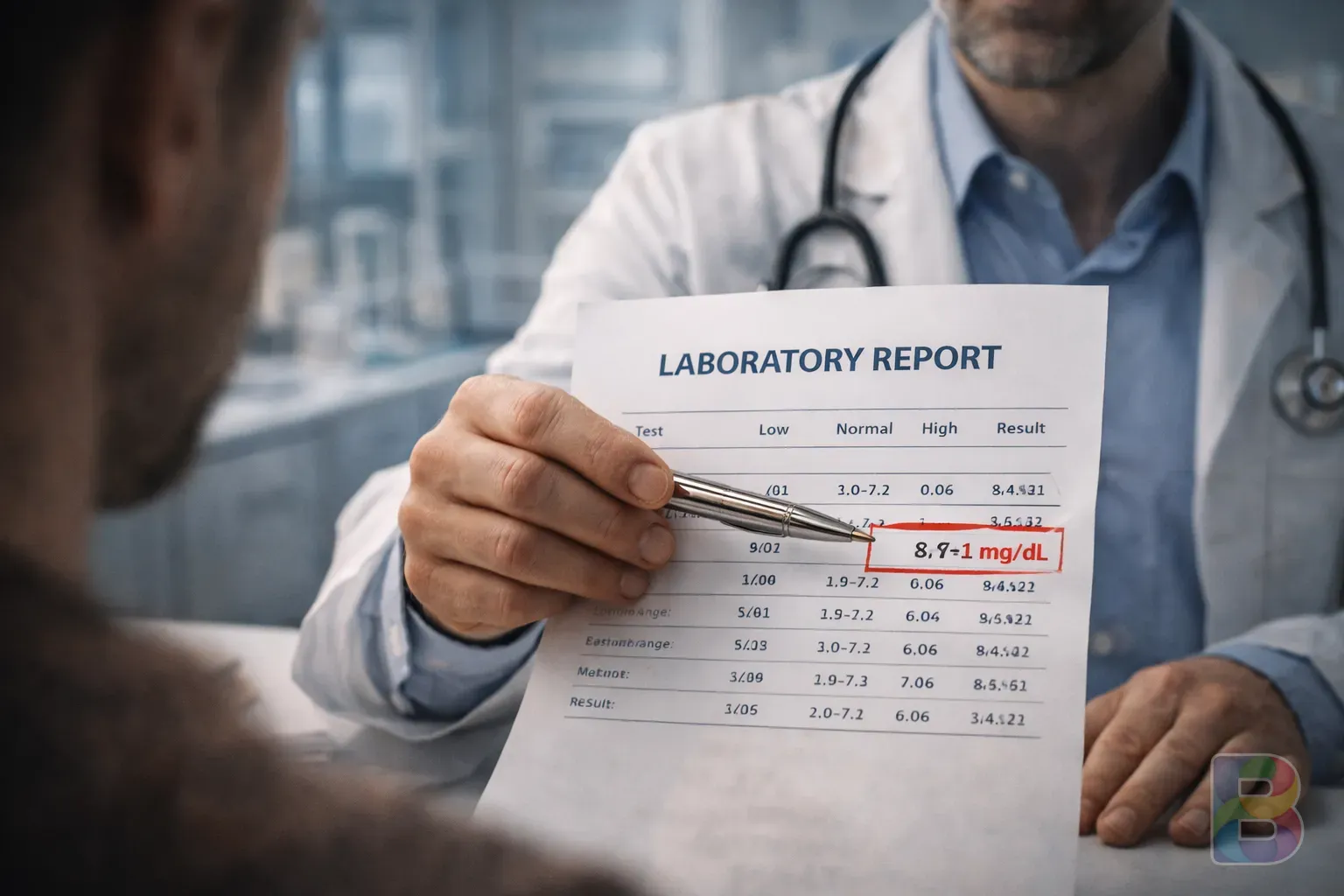 photorealistic, doctor pointing at a laboratory report showing uric acid levels, clean hospital office, professional and reassuring environment