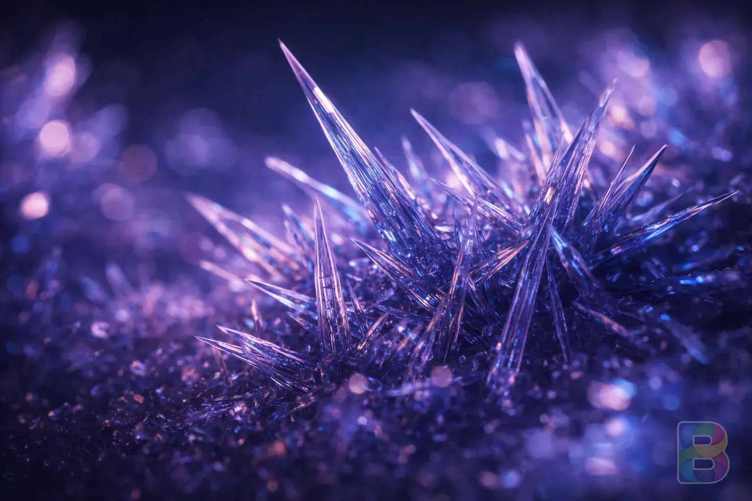 photorealistic, detail shot of microscopic uric acid crystals shaped like sharp needles, cinematic blue and purple lighting, scientific yet artistic visualization