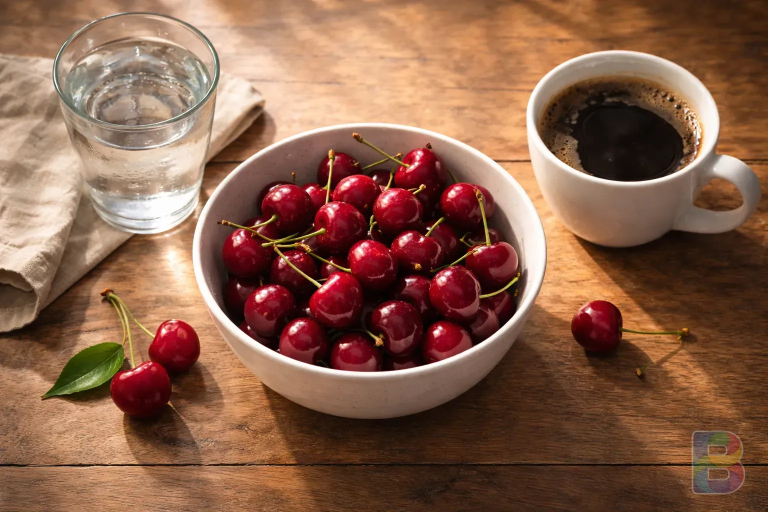 photorealistic, top-down shot of a wooden table with a glass of water, a bowl of fresh cherries, and a cup of black coffee, bright natural light, clean and healthy vibe