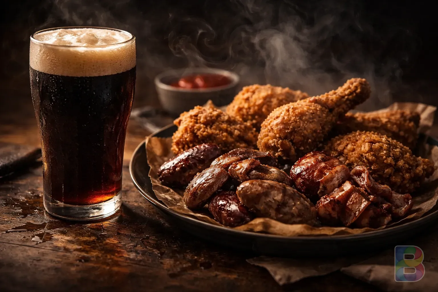 photorealistic, dark moody lighting, a glass of dark beer next to a plate of greasy fried chicken and organ meats, smoke and shadows, warning atmosphere
