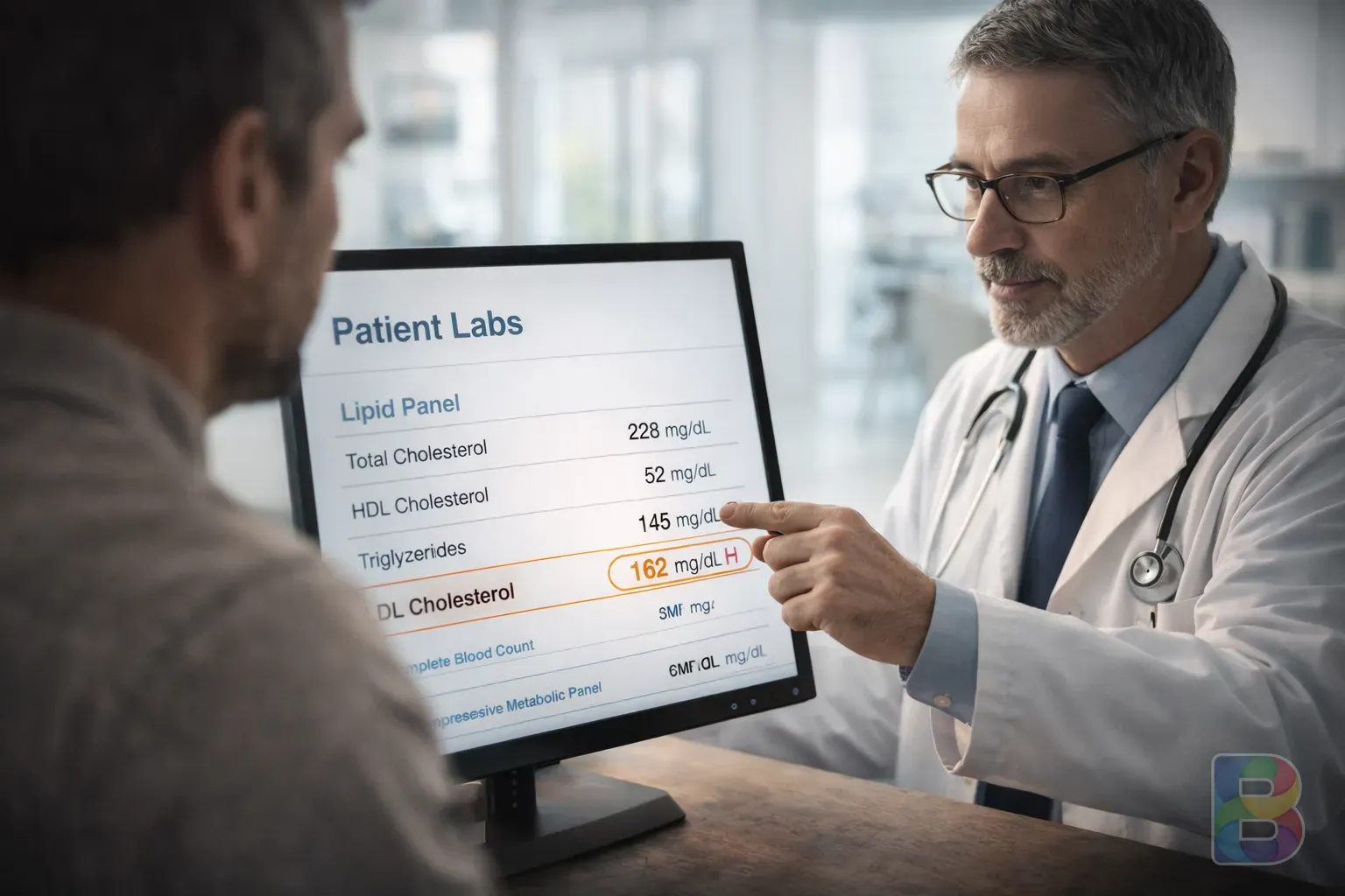 photorealistic, a doctor pointing at a digital monitor showing a patient's lab results, clean modern hospital environment, focus on the interaction, professional and reassuring