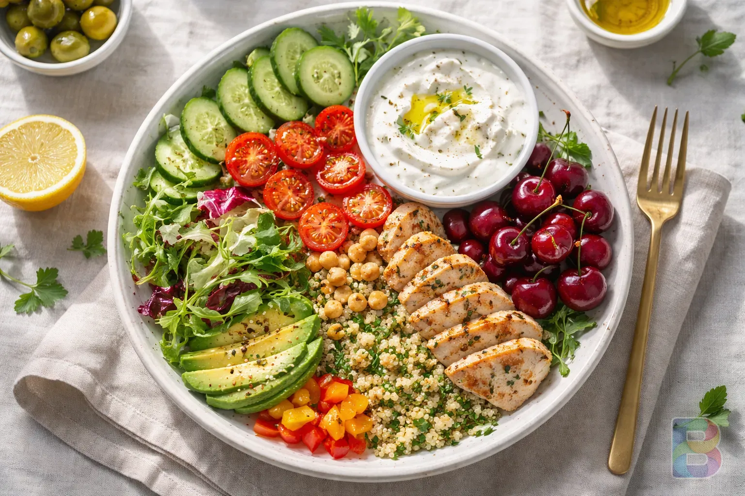 photorealistic, top down view of a Mediterranean diet plate with fresh vegetables, low-fat yogurt, and cherries, soft morning light, high detail