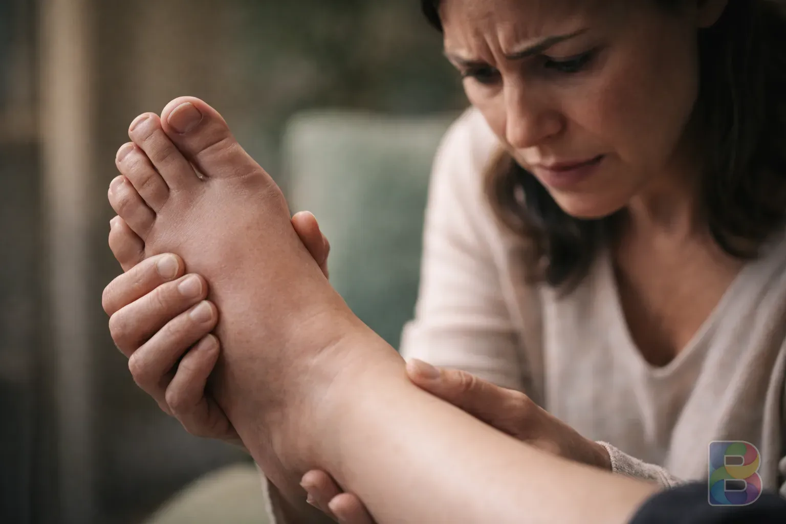 photorealistic, close-up of a person checking their foot for swelling with a concerned expression, soft indoor lighting, realistic skin texture, cinematic lighting
