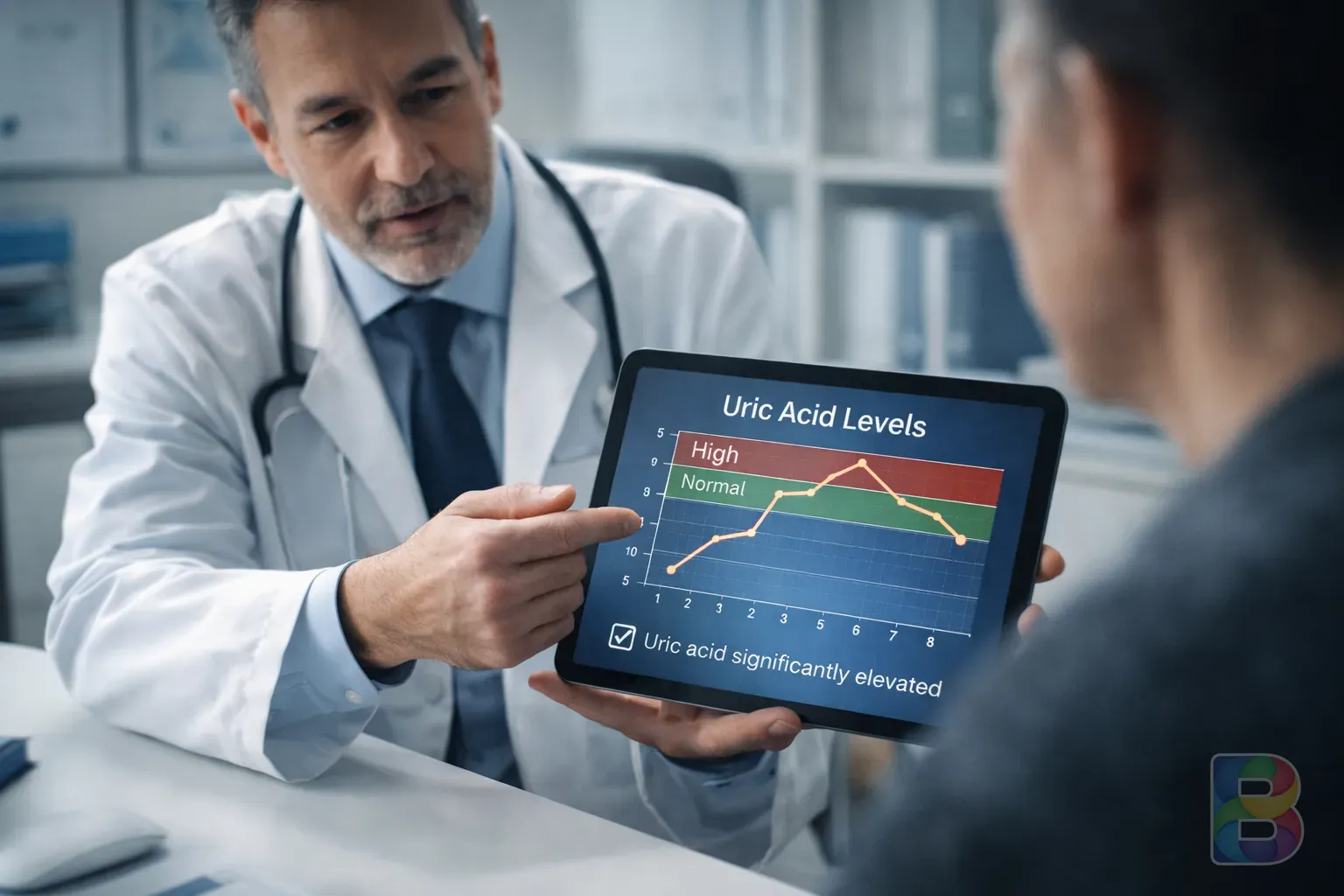 photorealistic, doctor in a white coat showing a digital chart of uric acid levels to a patient, clean medical office, professional and trustworthy mood