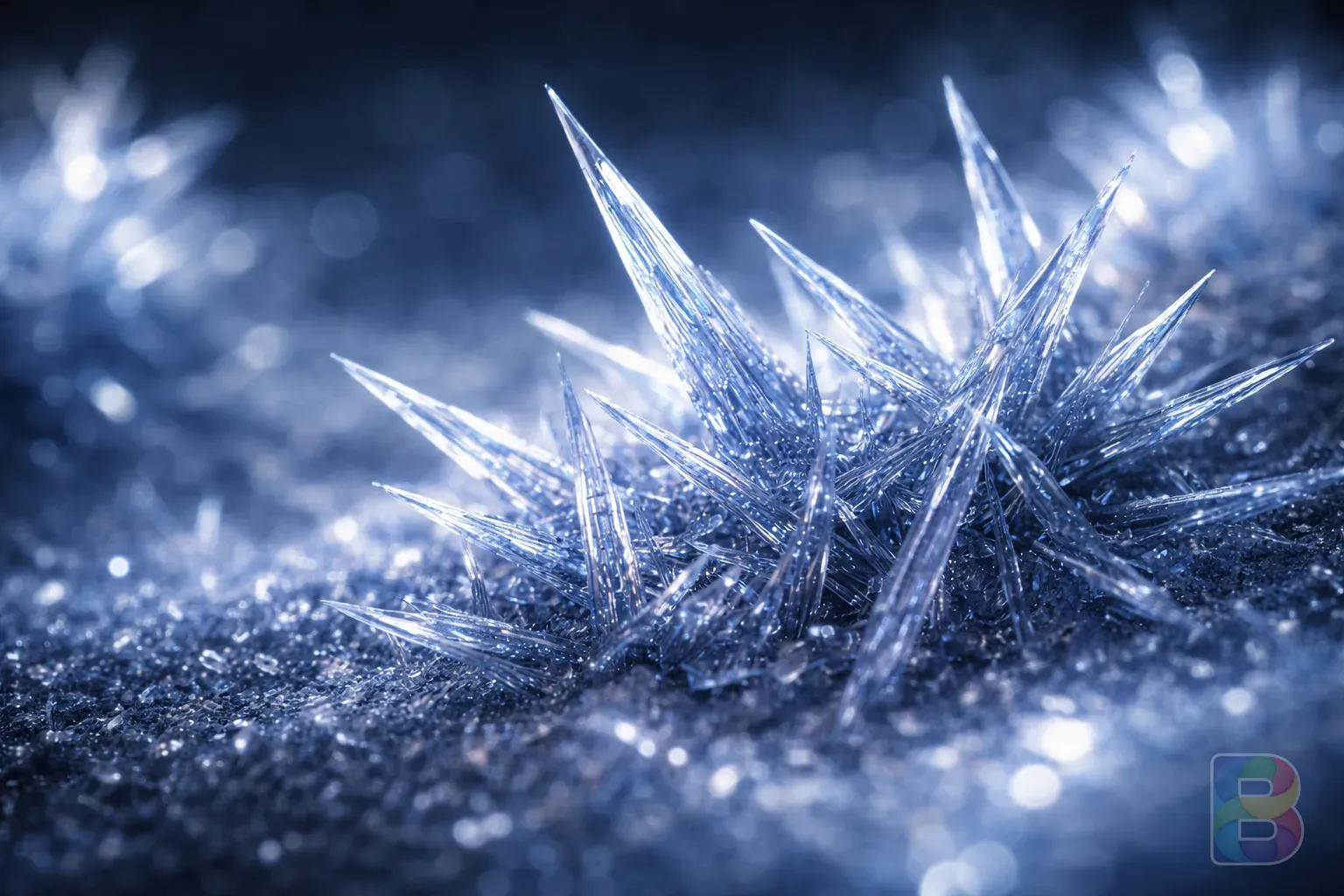 photorealistic, microscopic view of uric acid crystals, needle-like structures, cold blue and white tones, scientific visualization, cinematic lighting