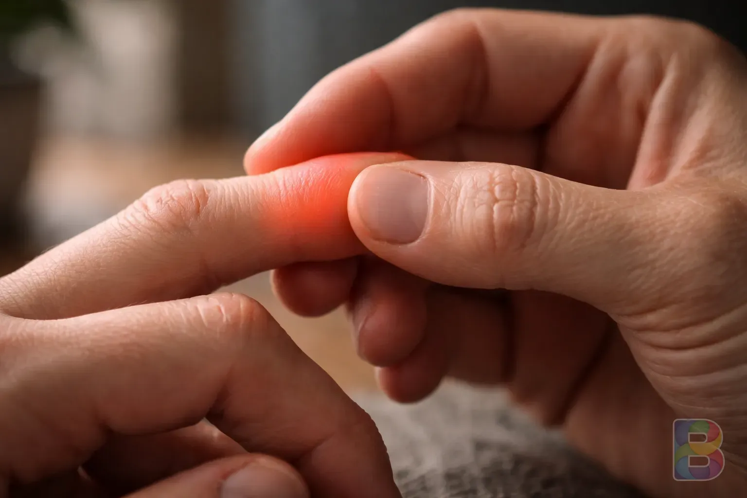 photorealistic, detail shot of a hand touching a swollen finger joint, subtle redness, soft natural indoor lighting, focused on the texture of the skin