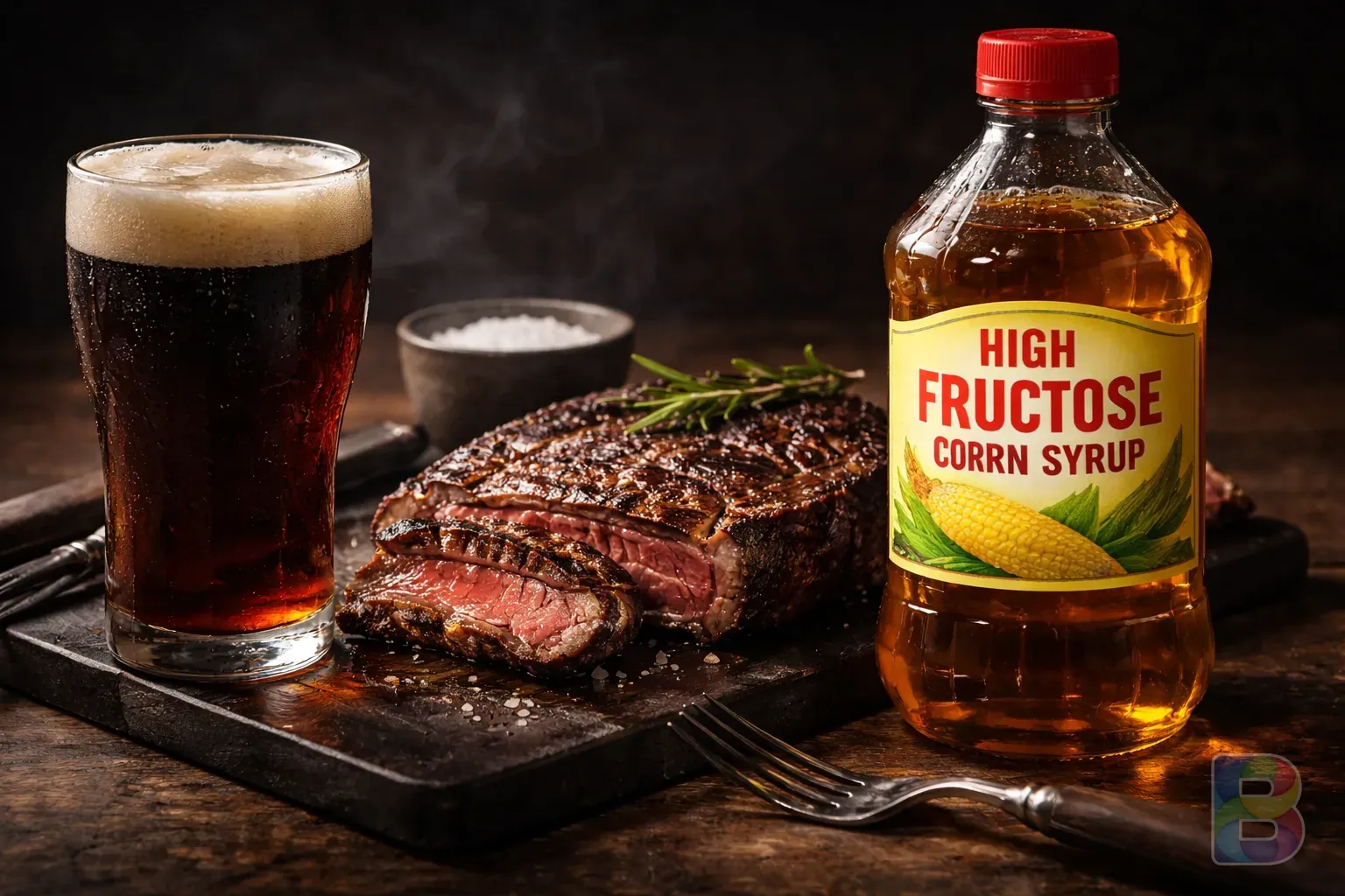photorealistic, dark moody still life of a glass of beer, a steak, and high-fructose corn syrup bottle, cinematic lighting, cautionary atmosphere