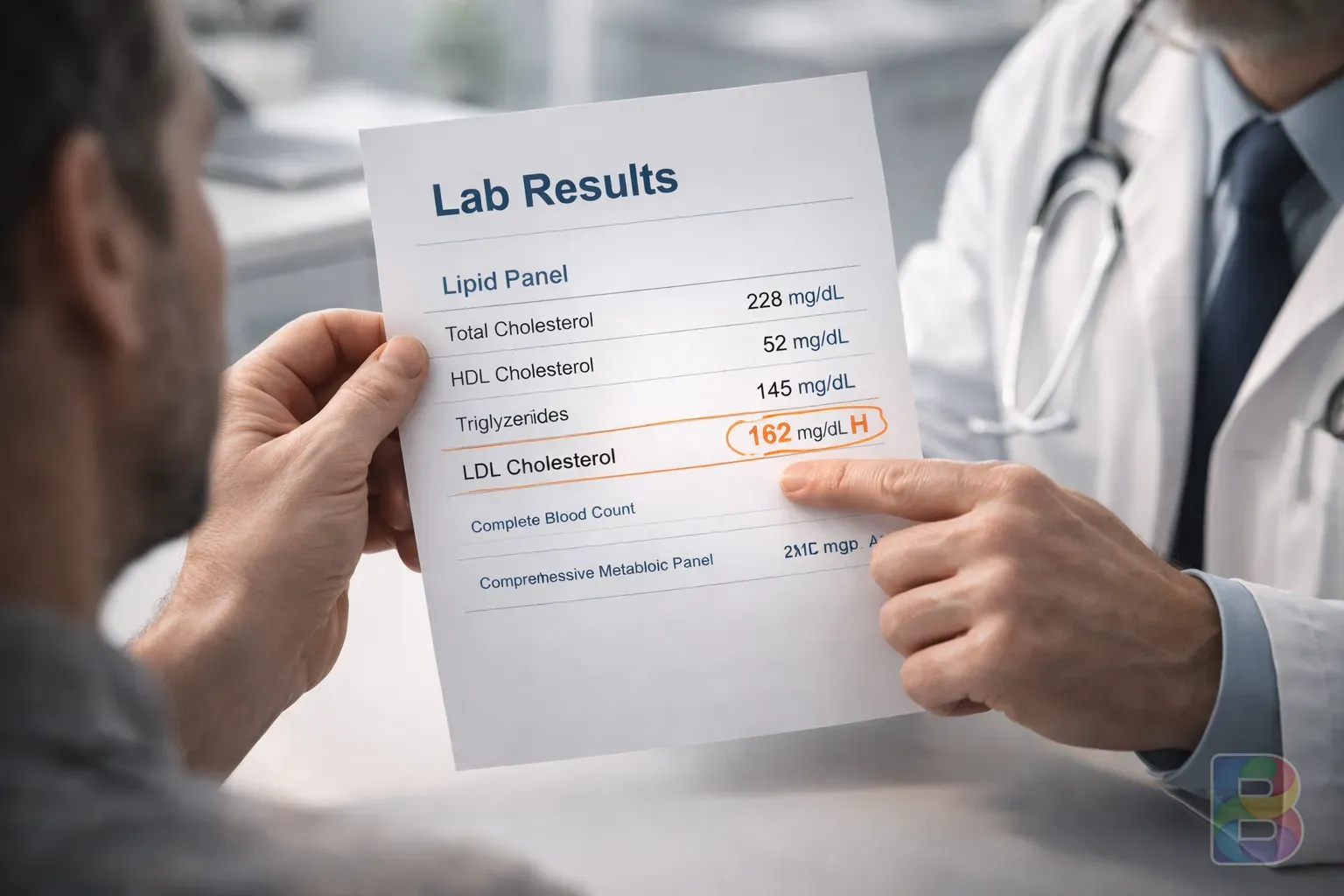 photorealistic, a patient looking at a lab result paper with a doctor, clinical office, bright lighting, focus on the paper and hands