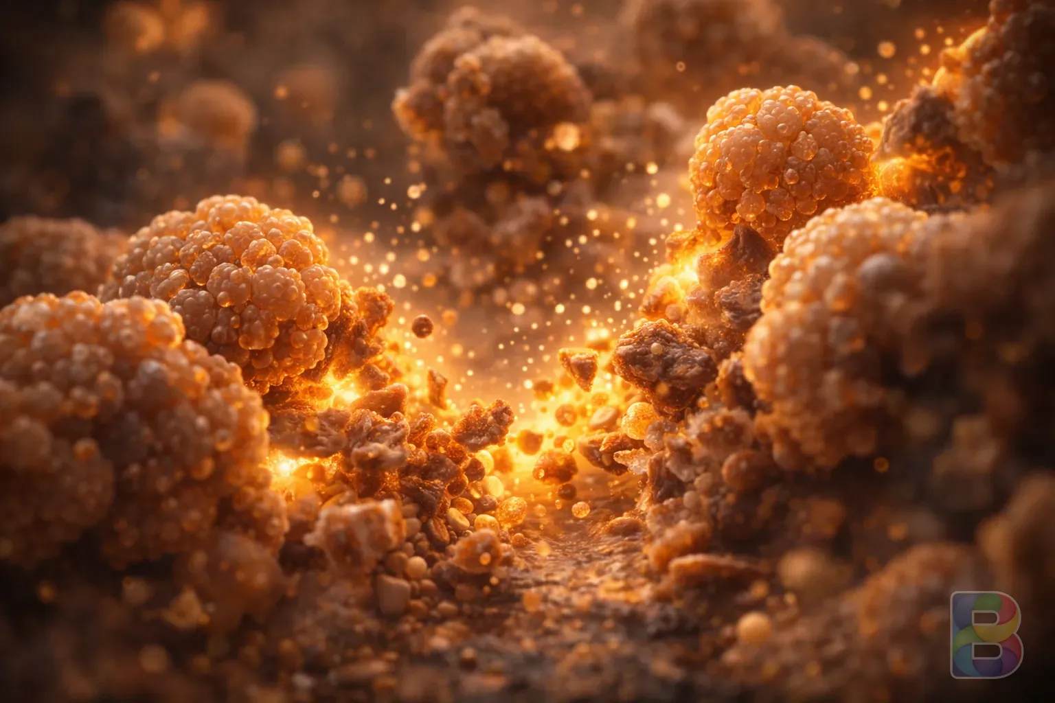 photorealistic, micro photography of enzyme particles breaking down food molecules, glowing amber light, scientific yet artistic visualization, cinematic lighting