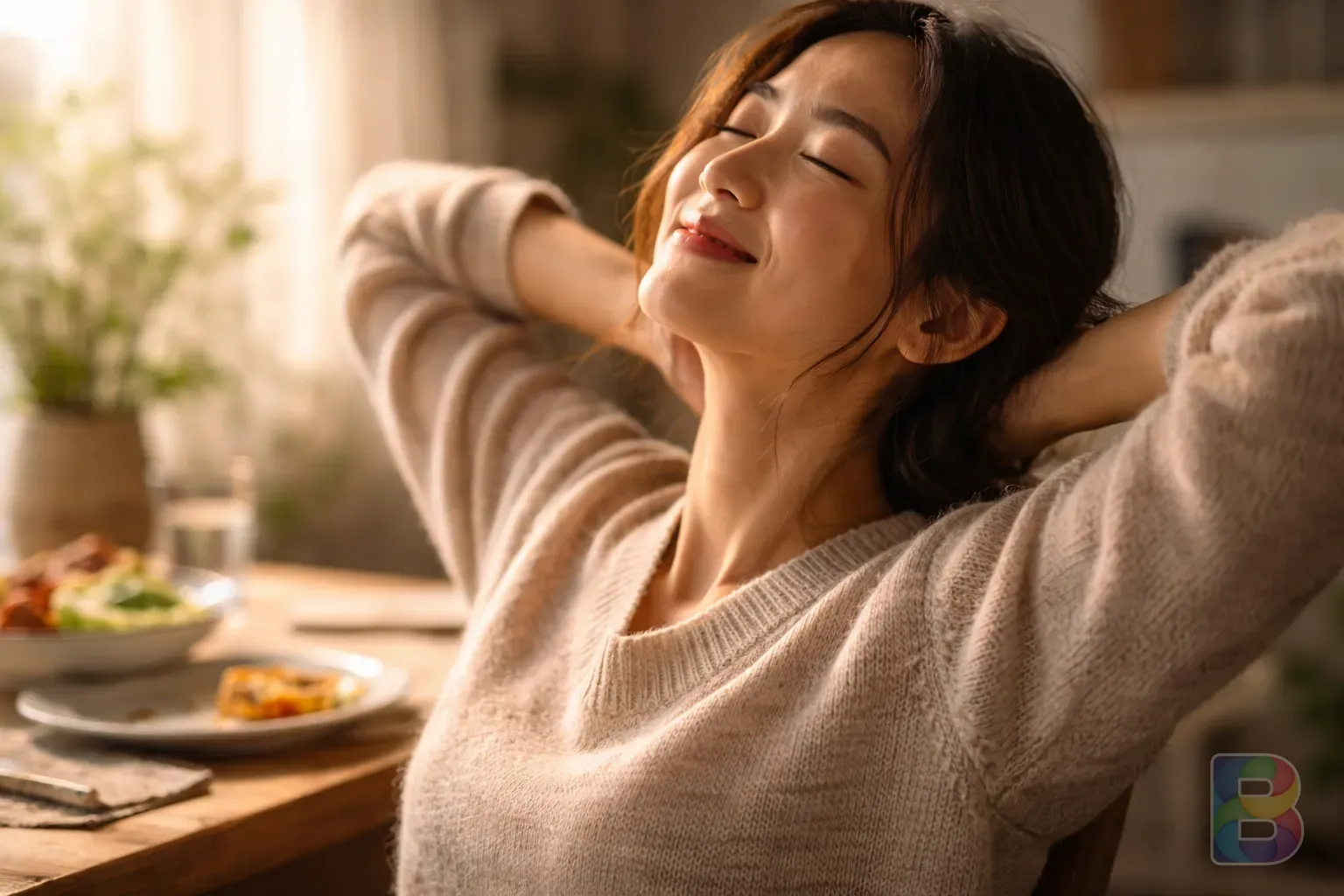 photorealistic, a person feeling light and energetic after a meal, blurred dining background, warm and bright atmosphere, cinematic lighting
