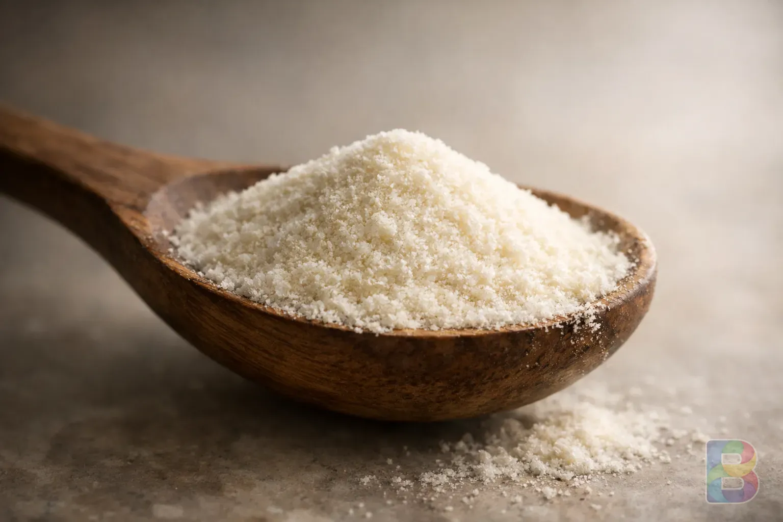 photorealistic, close-up of a wooden spoon with enzyme powder, fine texture, neutral background, soft professional lighting