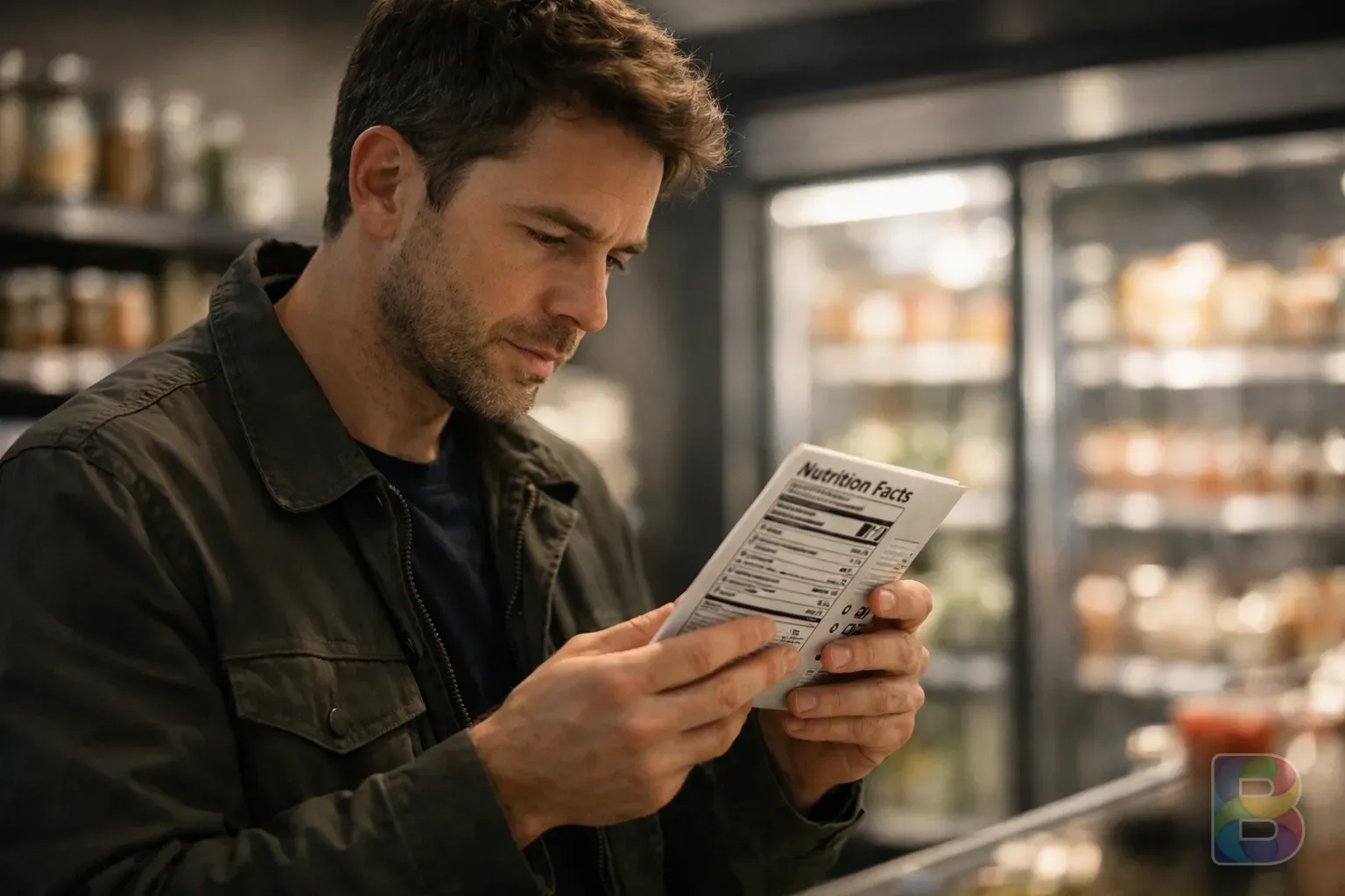 photorealistic, a person reading a nutrition label carefully in a store, clean and modern interior, soft focused lighting