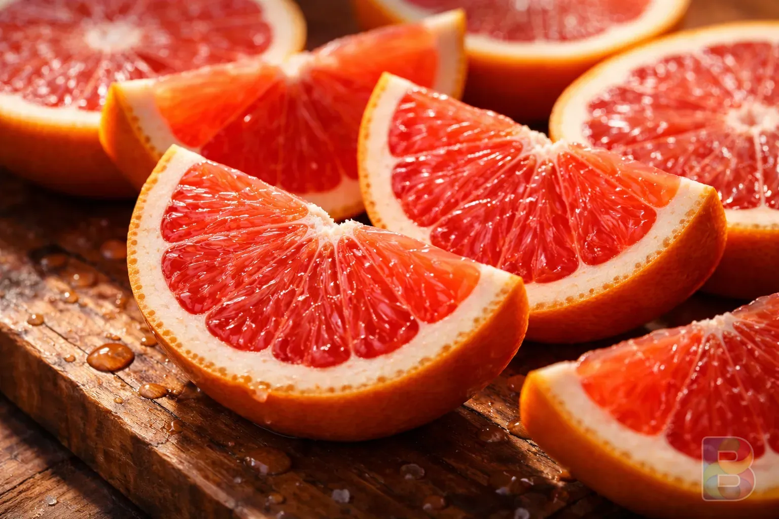 photorealistic, detail shot of grapefruit slices arranged artistically, bright natural light, high contrast, macro photography of fruit texture