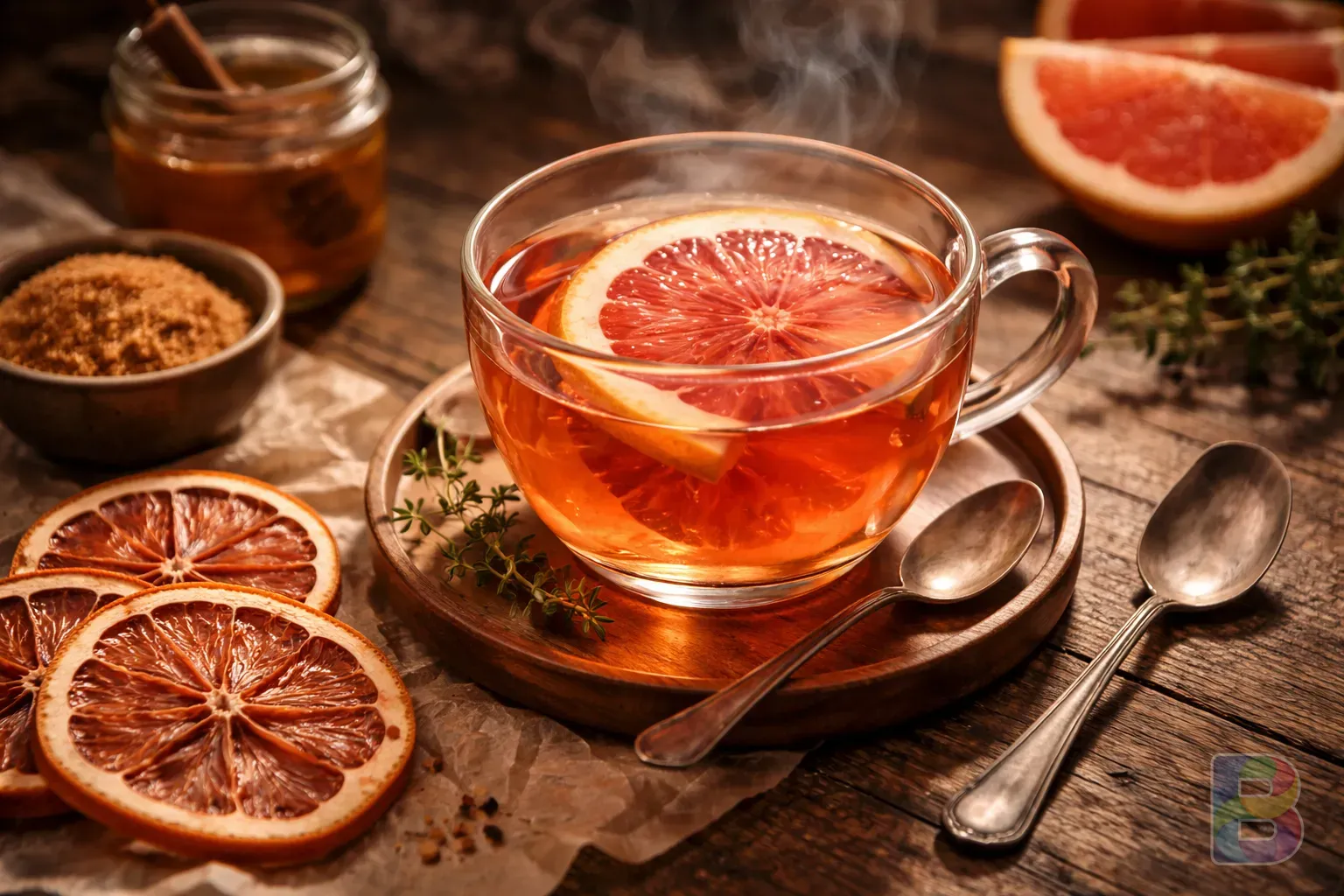 photorealistic, aesthetic flat lay of grapefruit tea in a glass cup, steam rising, dried grapefruit slices nearby, cozy kitchen atmosphere, warm lighting