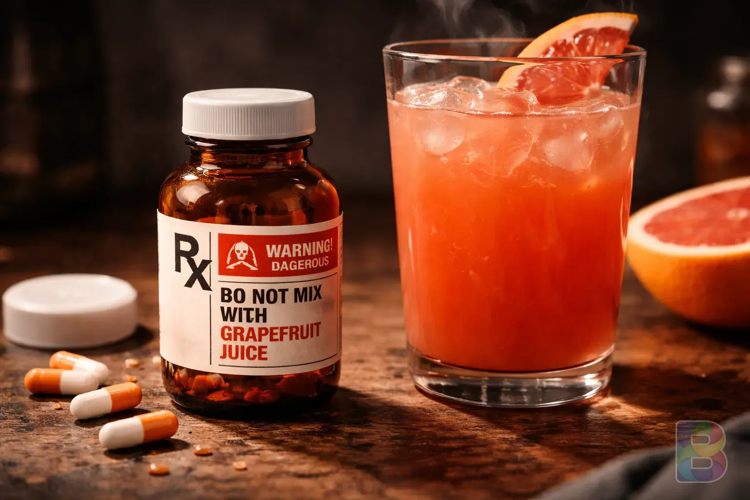 photorealistic, close-up of a medicine bottle next to a glass of grapefruit juice, moody conceptual photography, warning vibe, sharp focus on the label