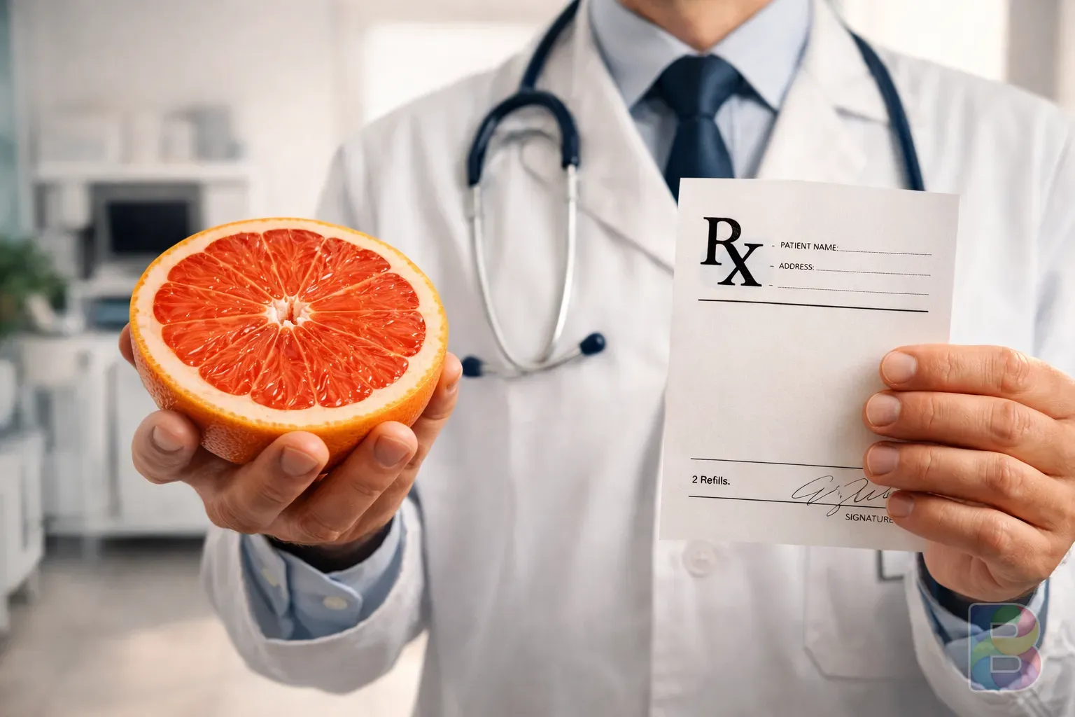 photorealistic, doctor holding a grapefruit and a prescription, professional clinical setting, clear communication, bright interior lighting