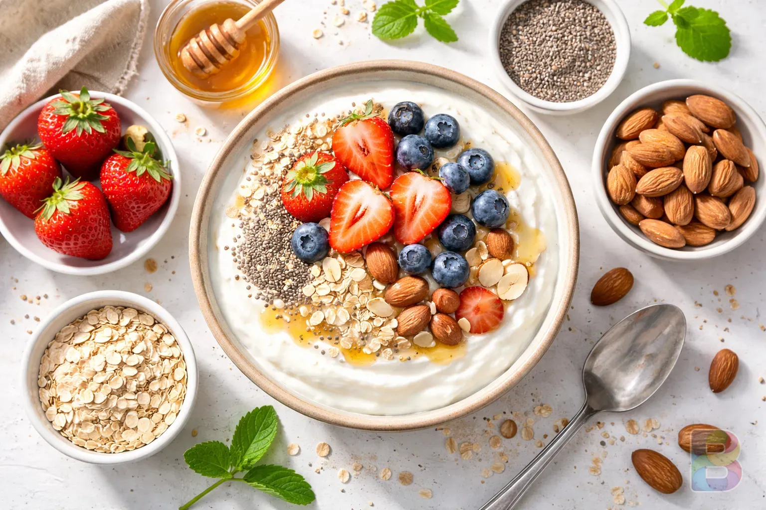 photorealistic, flat lay of Greek yogurt with various healthy toppings like almonds, chia seeds, and oats, vibrant colors, bright high-key lighting, health-conscious aesthetic