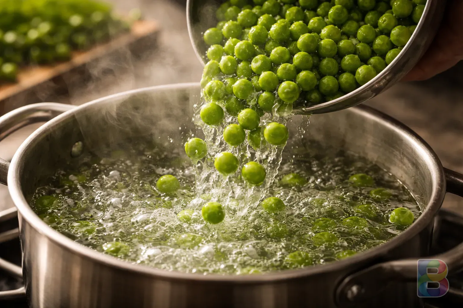 photorealistic, detail shot of green peas being poured into boiling water in a stainless steel pot, steam rising, kitchen setting, cinematic lighting, natural colors