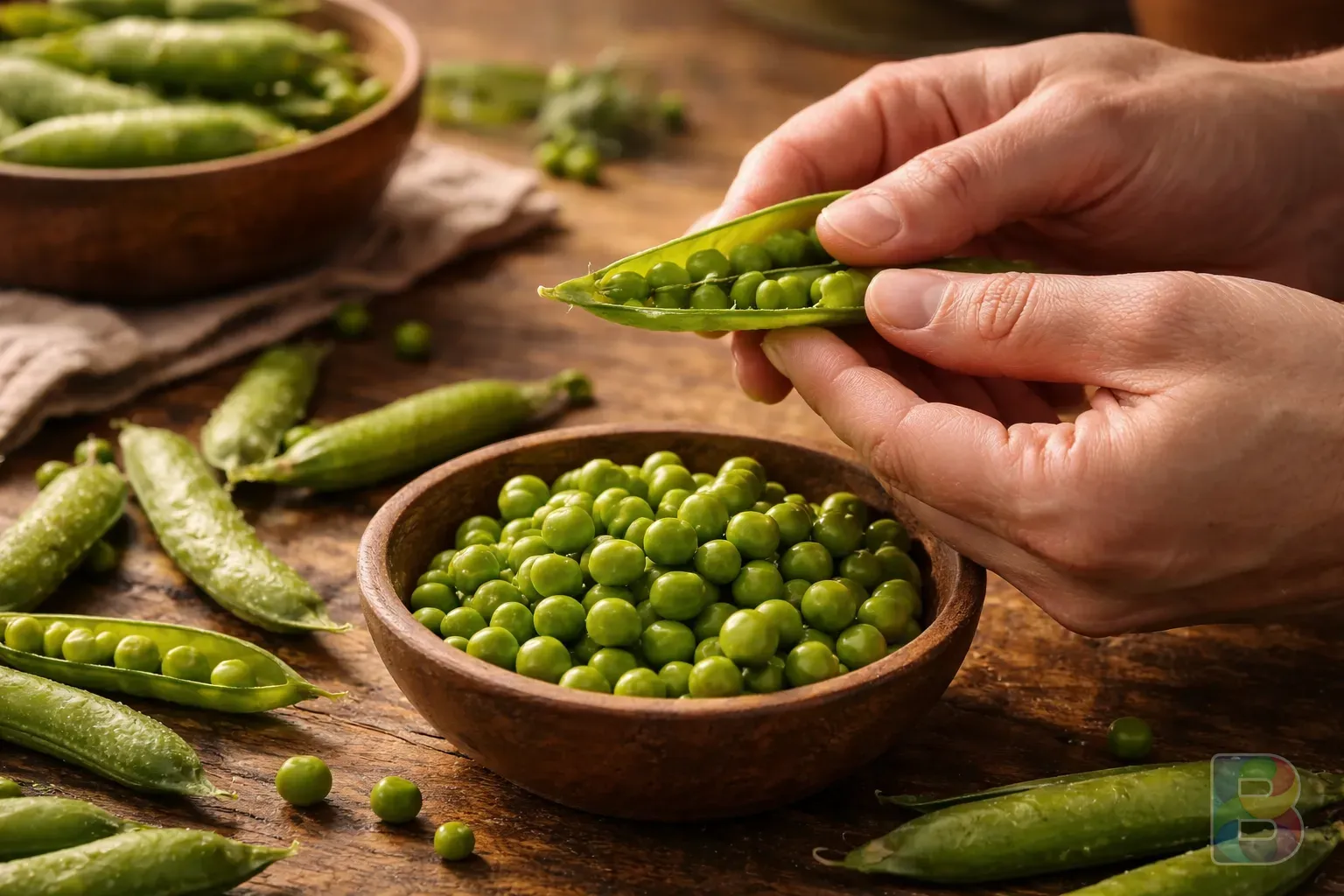 photorealistic, hands peeling fresh pea pods onto a wooden table, warm domestic lighting, detailed texture of the pods, cozy atmosphere