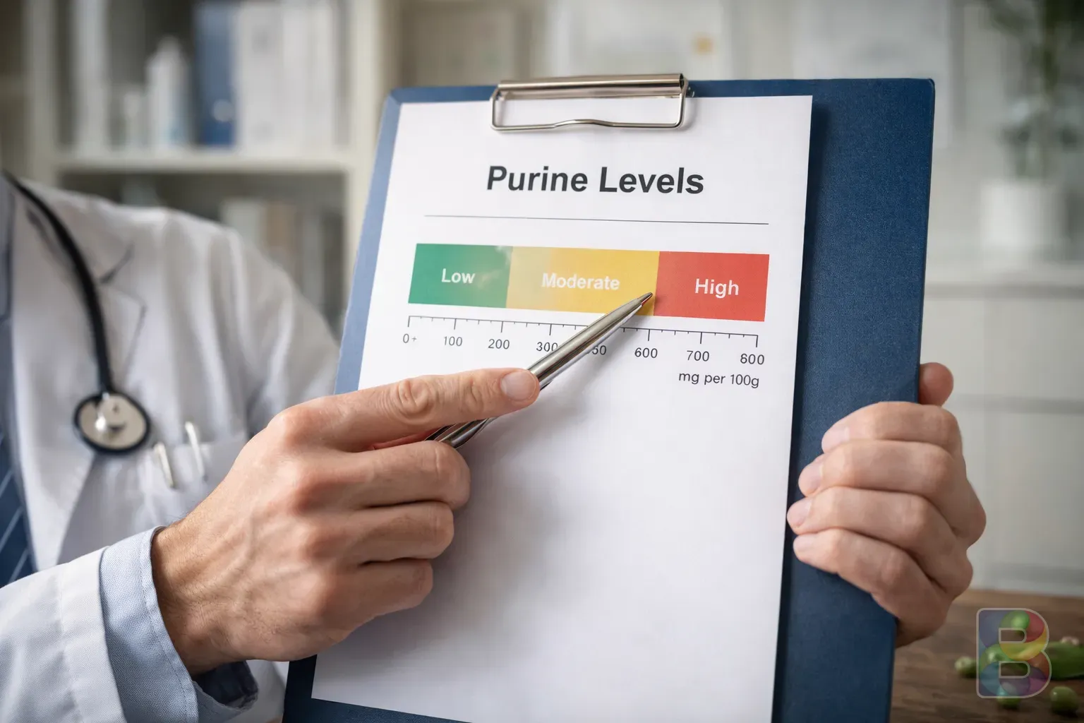 photorealistic, a doctor pointing to a medical chart showing purine levels, clinical setting, professional and reassuring atmosphere, clear focus