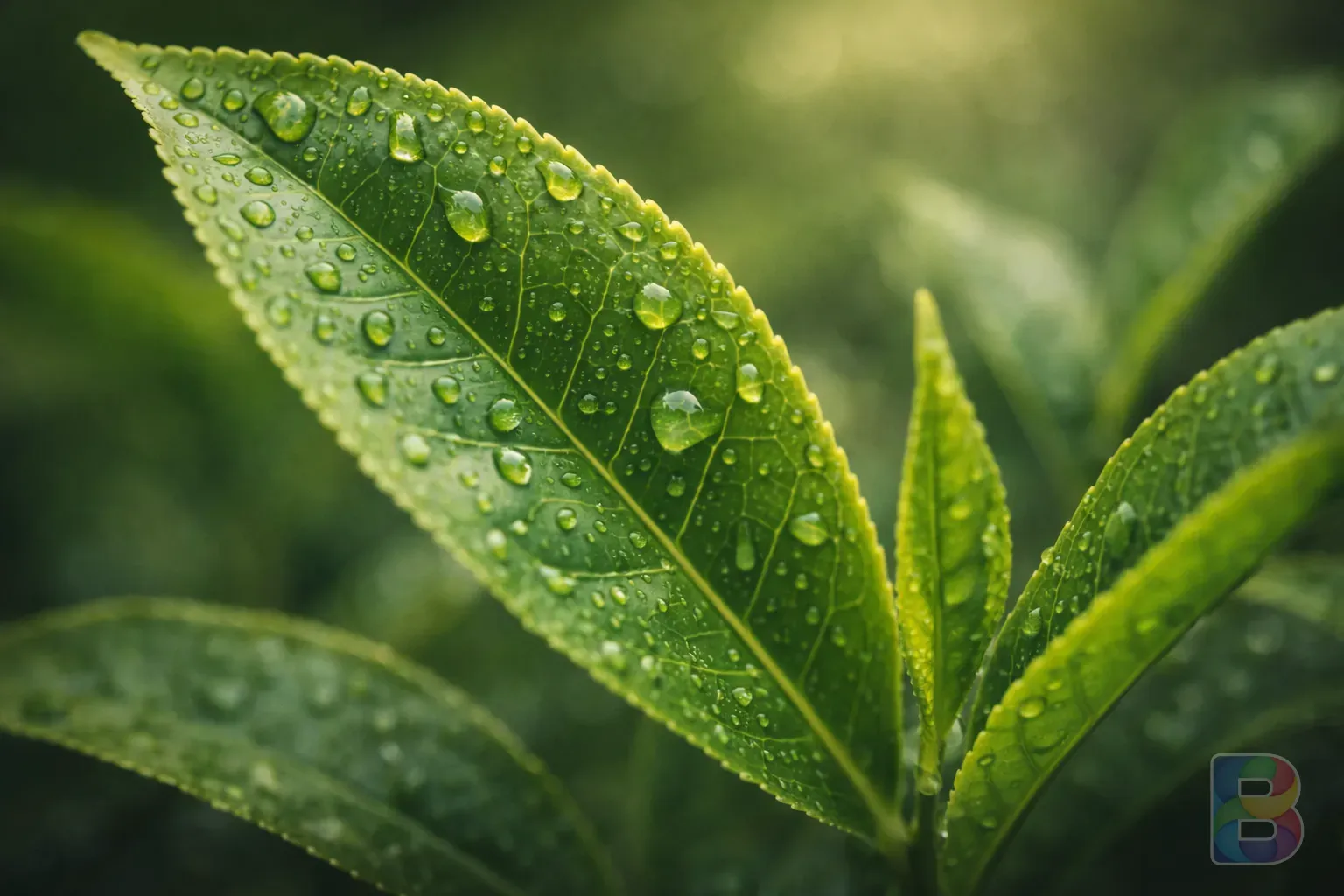 photorealistic, macro shot of green tea leaves showing veins and water droplets, vibrant green color, soft focus background, professional studio lighting