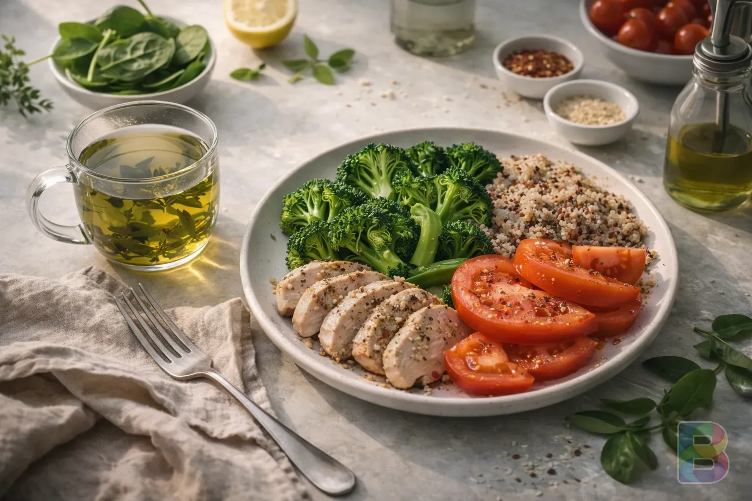 photorealistic, flat lay of a healthy meal with a glass of green tea, bright and airy kitchen setting, high detail, cinematic lighting