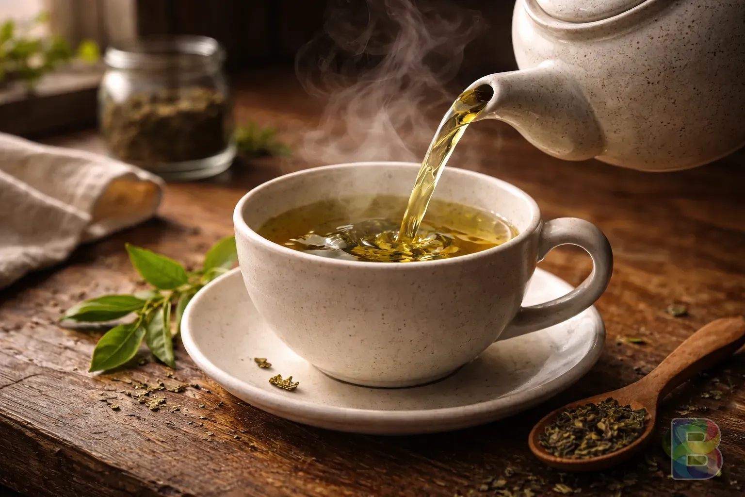photorealistic, pouring green tea from a ceramic teapot into a cup, steam rising, warm indoor lighting, cozy atmosphere