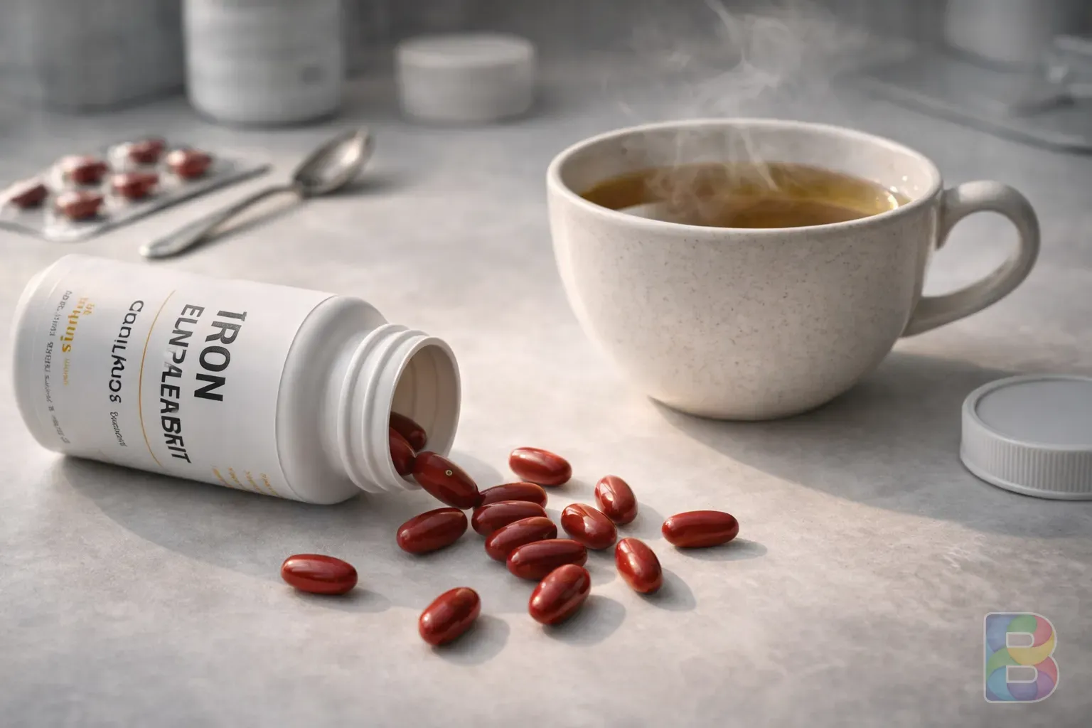 photorealistic, close-up of iron supplement pills and a cup of tea, clinical setting, clean look, high detail