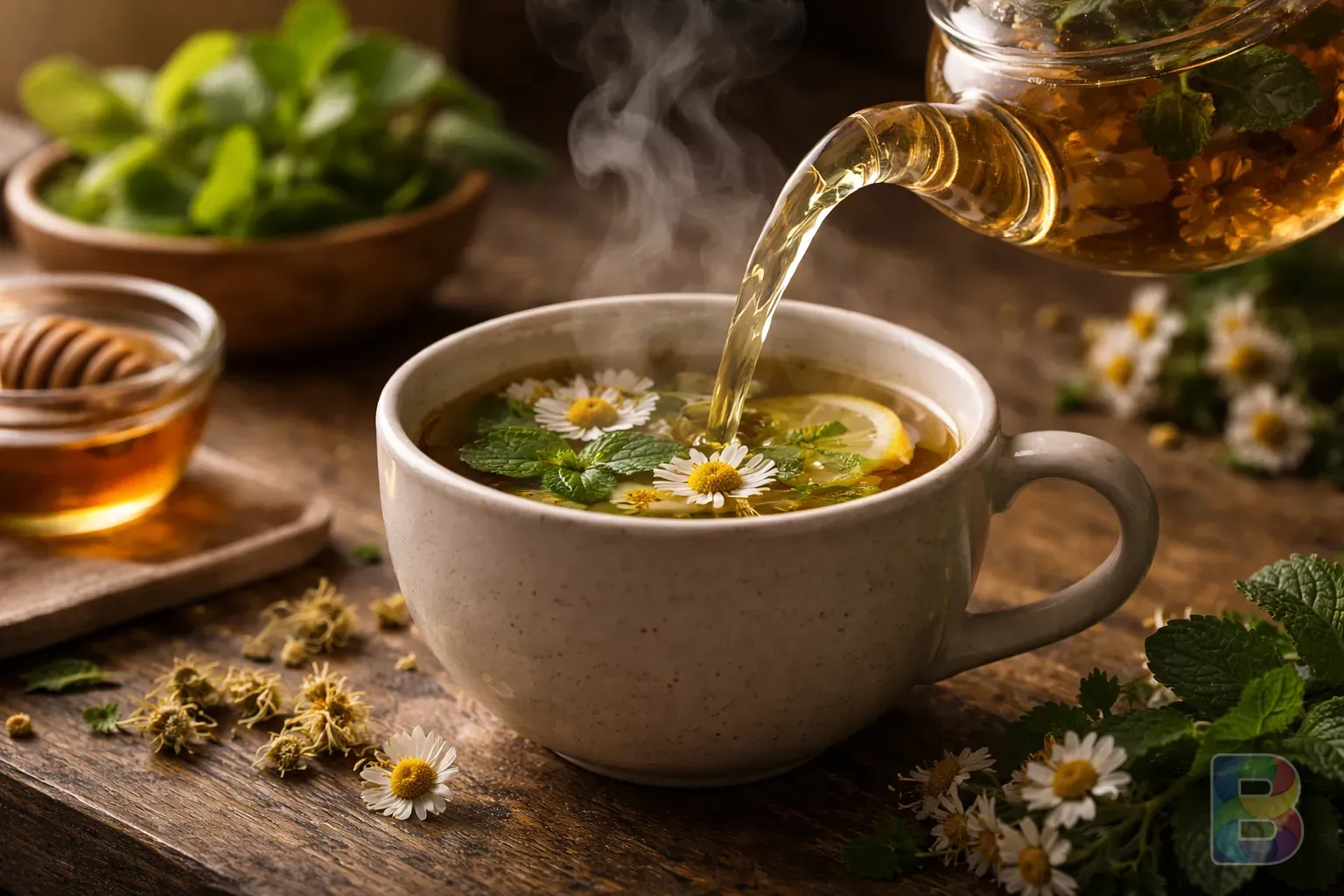 photorealistic, macro shot of a herbal tea being poured into a ceramic cup, steam rising, warm golden tones, aesthetic medicine vibe, cinematic lighting